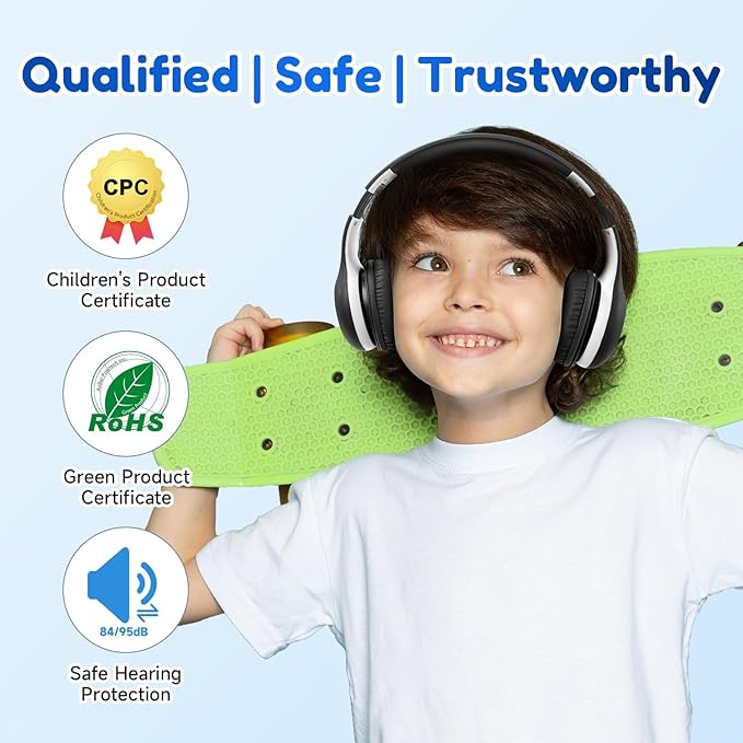 EarFun K2 Kids Bluetooth Headphones, Kids Headphones with Volume Limited, 40H Playtime, Built-in Mic, Stereo Sound, Foldable Over-Ear Headphone for School/Travel/iPad/Tablet, Black