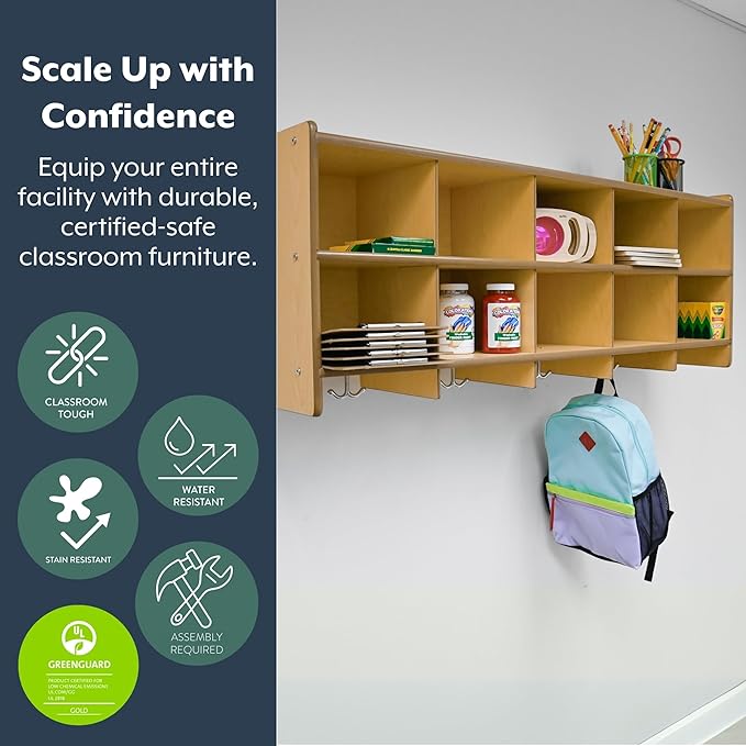 Angeles Value Line 10 Section Wall Locker, Classroom Shelves and Daycare Furniture, Cubby Storage Organizer with Hooks, 48" L x 12" W x 19" H