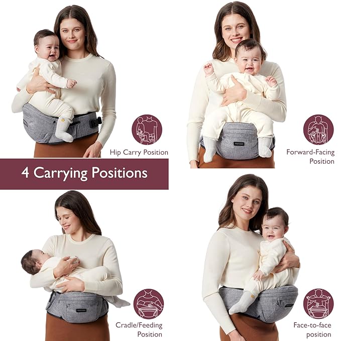Momcozy Hip Seat Baby Carrier - Adjustable Waistband with Original 3D Belly Protector, Ergonomic Carrier with Various Pockets for Toddlers up to 45lbs (Grey, Medium 27-45IN)