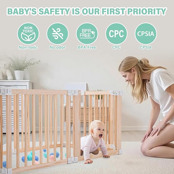 Foldable Wooden Playpen,Large Baby Gate Playpen with Child-Proof Lock-Easy Assembly, Portable Design for Babies & Toddlers- Shape& Size Adjustable Baby Fence Play Area(Wood, 6 Panel)