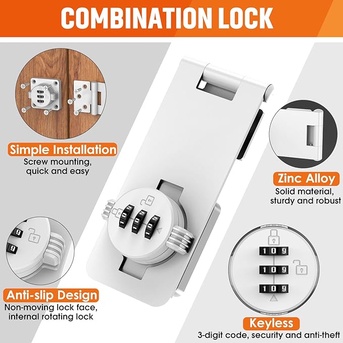 Keyless Cabinet Lock with Combination, Locker Code Lock with 3-Digit Combination, Security Door Lock for Drawers, Lockers, Bifold Doors, Small Doors, Closets, Refrigerators (White-2pcs)