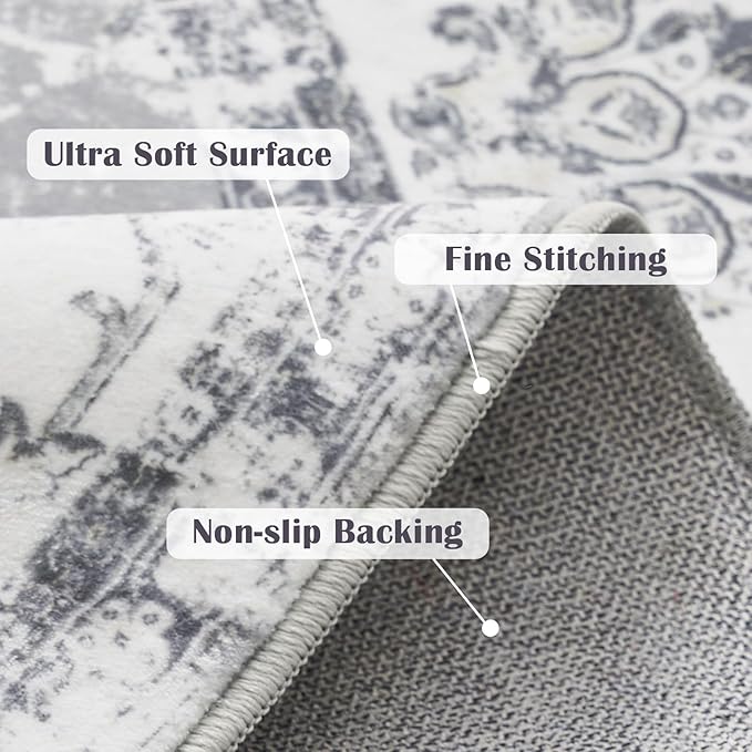 jinchan Round Rug 5ft Area Rug - Indoor Vintage Hallway Circle 5' Washable - Ultra-Thin Low Pile Soft Small Non Slip Distressed Floral Print for Living Room Dining Room Bedroom Entryway Grey