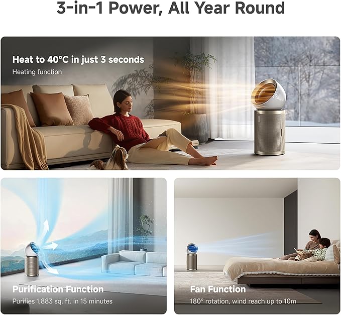 Dreame Air Purifier PM20 for Home Large Room, Cleans 5,650 ft² in One Hour with 4 Filters, Dual-way Air Oulets, Al Tracking, Air Quality Monitor with 7 Sensors, 3-in-1 Purifier, Heater & Cooler