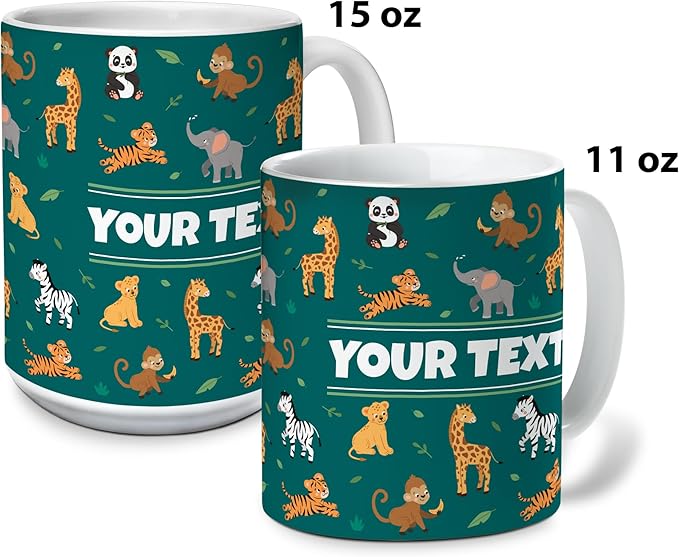 Personalized Mug for Kids - Zoo Animals - Custom Name/Text, Ceramic Hot Chocolate/Cocoa/Coffee Cup for Boys/Girls, Birthday/Christmas/Holiday Gift - 11 oz, Red Handle