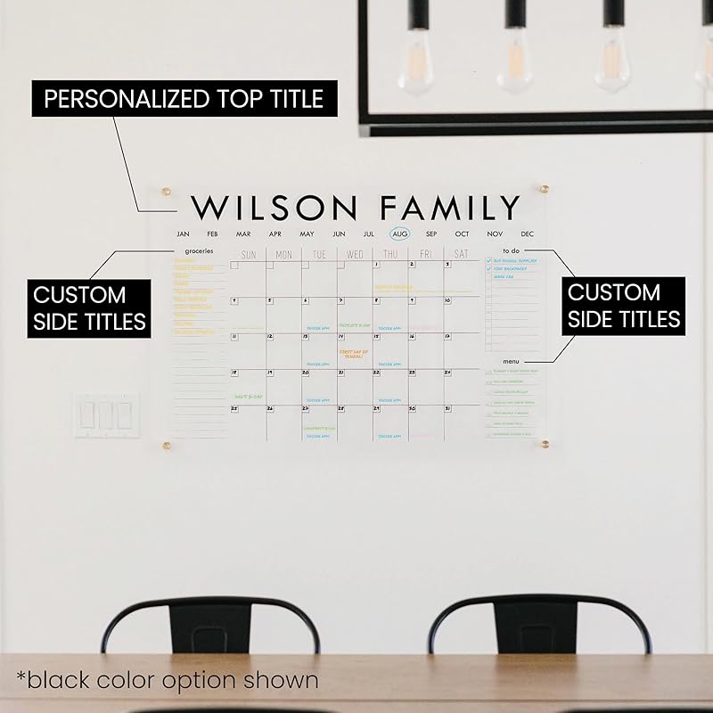 Personalized Clear Acrylic Calendar for Wall, Calendar Whiteboard for Wall, Dry Erase Wall Calendar, Wall Calendar Organizer System for Home (Block, White, 38"W x 26"H)