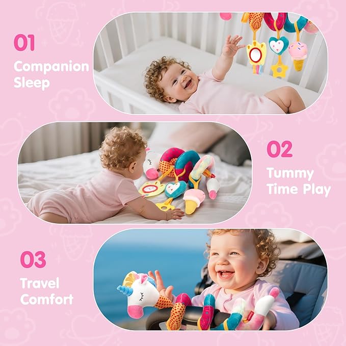 hahaland Car Seat Toys for Babies 0-6 Months Girl - Baby Toys 3-6 Months - Rattle, Mirror, Crinkle, Squeaky Carseat Stroller Toy 0-6 Months Developmental Newborn Baby Girl Birthday Gifts