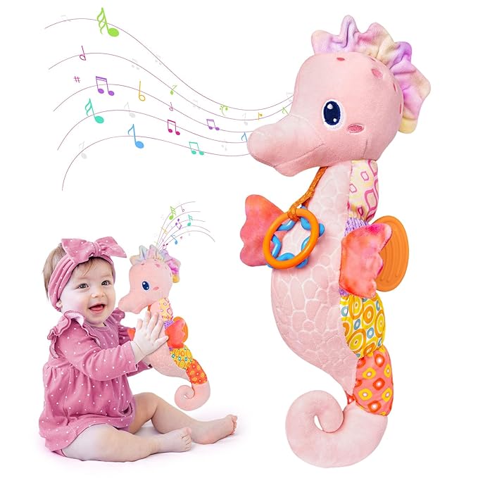 Baby Toys 0-6 Months,Infant Musical Seahorse Stuffed Animals Sensory Toys with Bright Colors,Multiple Textures,Rattles & Crinkle Sound Paper,Soft Tummy Time Toy for Newborn Boys Girls 0-12 Months-Pink