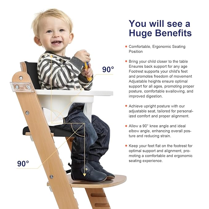 Cowiewie Natural Wooden High Chair for Babies & Toddlers 3-Tier Remove & 2 Adjustable Tray, 8 Adjustable Highchair with Cushions, Easy to Clean (Black)