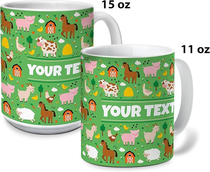 Personalized Mug for Kids - Farm Animals - Custom Name/Text, Ceramic Hot Chocolate/Cocoa/Coffee Cup for Boys/Girls, Birthday/Christmas/Holiday Gift - 15 oz, Red Handle