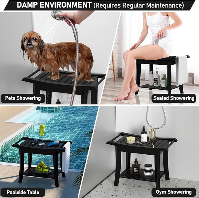 Zhuoyue Bamboo Shower Stool Bench Waterproof with Storage Shelf for Shaving Legs or Spa Bath Seat in Bathroom & Inside Shower for Adults Seniors Elderly (24 x 13.4 x 18.5 inches+Black)