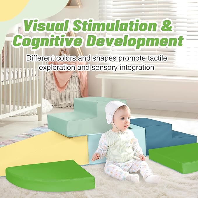 6-Piece Soft PU Leather Toddlers Climbing Toys, Baby Foam Climbing Blocks for Toddlers 3, Foam Play Gym Climbing Structures, Indoor Climb and Crawl Activity Play Set (Light Blue and Green)