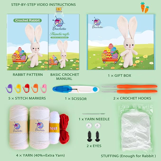 Crochetta Crochet Kit for Beginners, Crochet Starter Kit w Step-by-Step Video Tutorials, Beginner Crochet Kit Knitting Supplies for Adults Kids, Crochet Bunny(40%+ Yarn)