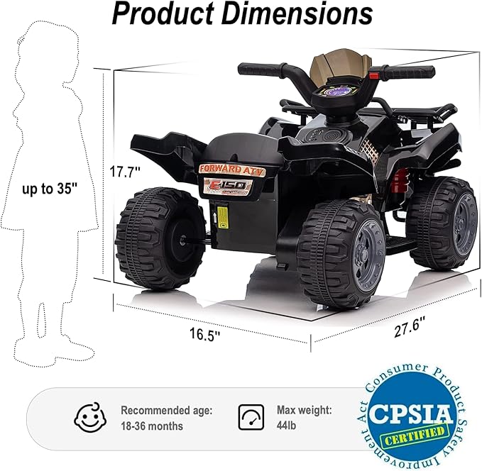 Kids ATV 4 Wheeler, 6V Ride-On Toy for Toddlers 1-3 Boys & Girls with Music, Forward & Reverse - Black