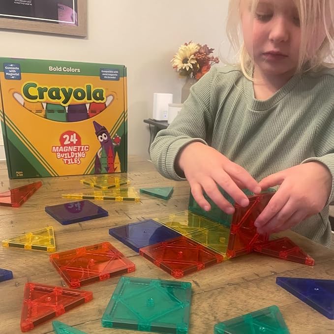 CreateOn Crayola Bold Magnetic Tiles, Building Set for Kids, Magnetic Tiles, Kids’ Building Toys, STEM and Montessori Toys for Boys and Girls Ages 3+, 24-Piece Set (Bold)