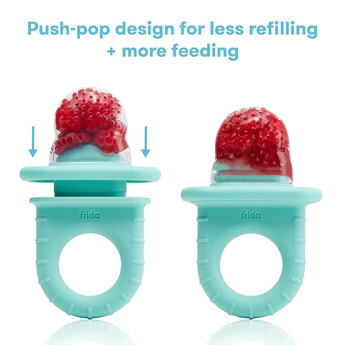 Frida Baby Push Pop Feeder, Baby Fruit Food Feeder to Safely Introduce New Foods, Fresh + Frozen, Silicone, BPA Free, Dishwasher Safe | 3 Count, Teal