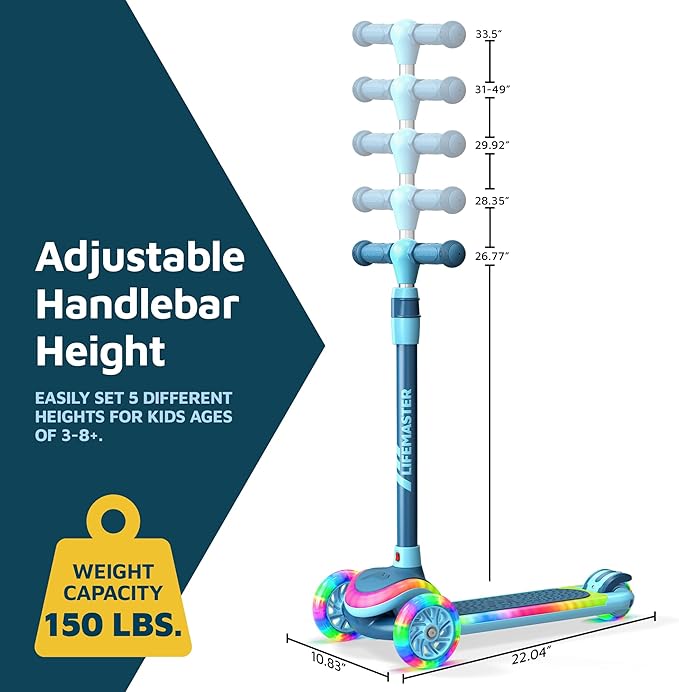 3-Wheel Kids Scooter with Multi-Color Lights on Deck & Wheels – 5-Height Adjustable Handlebar, Wide Anti-Slip Deck, Child Safety Certified, Boys & Girls Ages 3+ Supports Up to 150 lbs