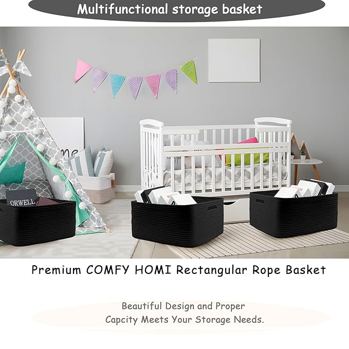 COMFY-HOMI Cotton Rope Woven Basket with Handles for Shelves,Toys,Book, Cloth Storage Baskets for Organizing-17" x 13" x 7.5" Toy Decorative Organizer for Living Room, Bathroom （all black）