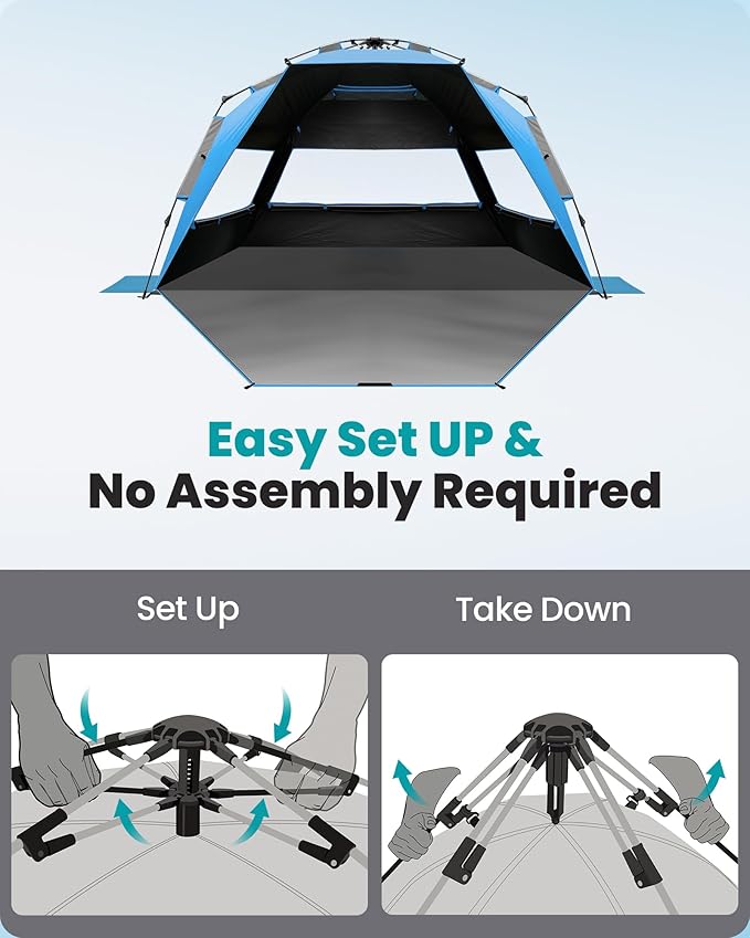OutdoorMaster Beach Tent with Blackout Shelter Technology, Portable Beach Shade Sun Shelter Canopy for 4-6 Person with UPF 50+ UV Protection, Easy Setup Pop Up Tent Family Size