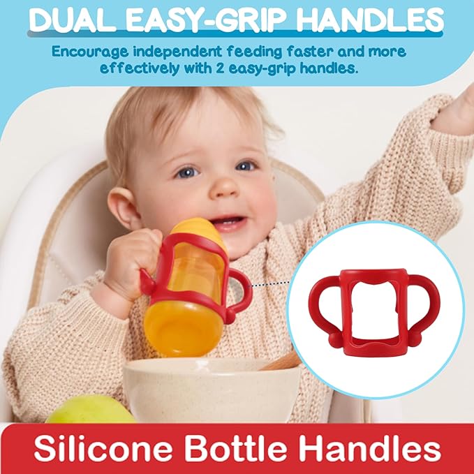 TonGass (4-Pack) Bottle Handles for Dr Brown Narrow Baby Bottles with Easy Grip Handles to Hold Their Own Bottle - BPA-Free Soft Silicone - Red Blue Pink and White