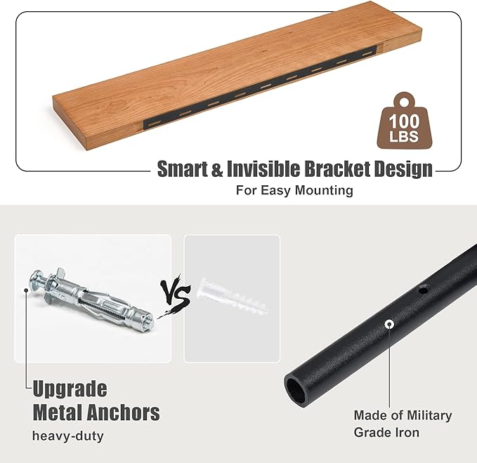 Floating Shelves for Wall, USA-Sourced Cherry Wood 48 Inch Long Wall Shelves, Natural Wooden Wall Mounted Picture Ledge Shelf, Nursery Book Storage Shelf Kids Bookshelf, Display Shelf for Bathroom