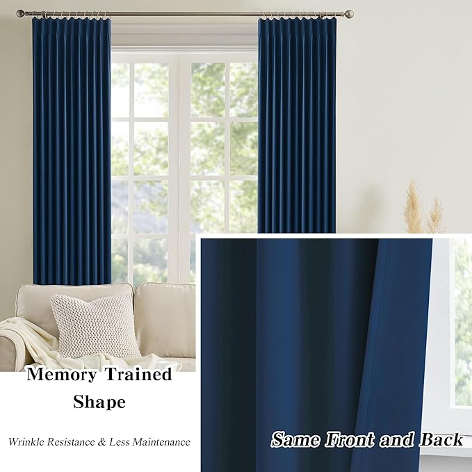 Pinch Pleated Curtains 63 Inches Long 2 Panels Set, Thermal Insulated Blackout Room Darkening Curtain for Bedroom,Window Draperies with Hooks(Navy Blue,80x63-inch)