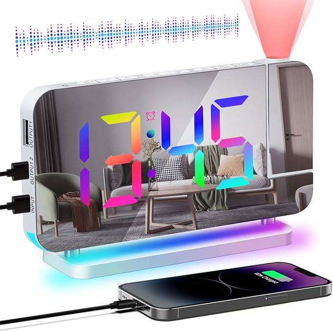 Projection Alarm Clock for Bedroom Ceiling,RGB Digital Clocks with 10 Colors RGB Night Light,Loud Alarm Clock for Heavy Sleepers,USB C Charger Port,Snooze,12/24H,Auto Dimming