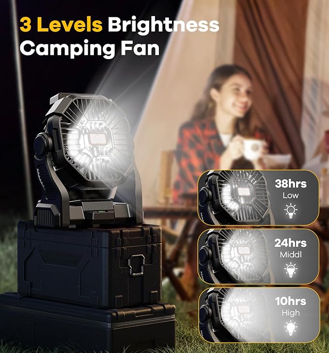15000mAh Portable Battery Powered Camping Fan - with LED Light, Quiet Battery Operated, Camping Gear for Travel, Tent, Beach, Car or Hurricane Power Outages，Black