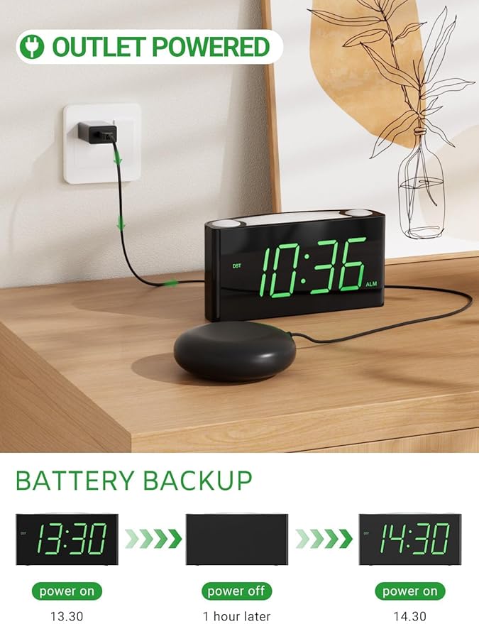 Extra Loud Vibrating Alarm Clock with Bed Shaker for Heavy Sleeper Deaf Hard of Hearing, Large LED Display Digital Clock for Bedroom,Dimmer,Night Light,USB Phone Charger,Battery Backup,Senior Teen Kid