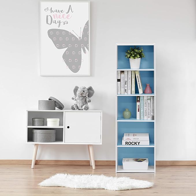 Furinno Luder Bookcase / Book / Storage , 5-Tier, White / Light Blue