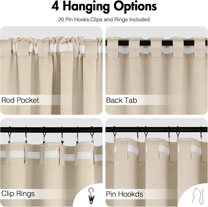 ANRODUO Back Tab Blackout Curtains for Bedroom Living Room, Rod Pocket Pinch Pleated Thermal Insulated Room Darkening Curtains 90 Inches Long 2 Panels, Cream Beige, 42 x 90 Inch