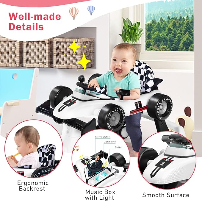 BABY JOY 4-in-1 Baby Walker, Foldable Activity Walker with Adjustable Height & Speed, Music, Lights, Anti-Rollover, Toddler Push Walker, Baby Walker with Wheels for Boys Girls 6-18 Months (White)