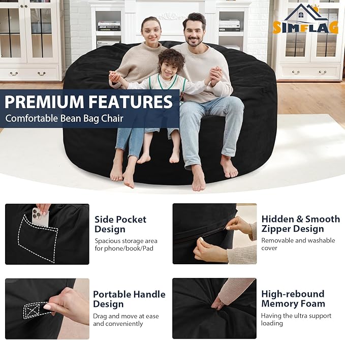 5FT Bean Bag Chair, Large Bean Bag Chairs with Memory Foam Filled, Fluffy Beanbag Sofa with Dutch Velvet Cover, Round BeanBag Chairs for Living Room, Playroom - Black