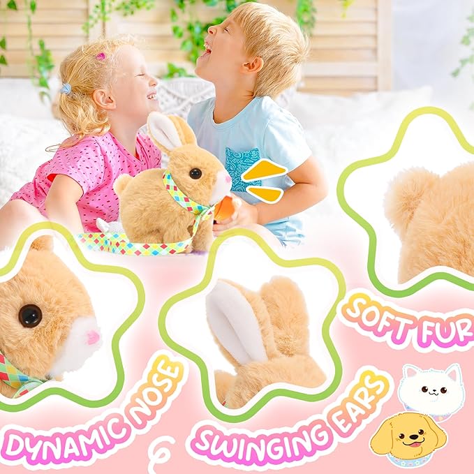 Tagitary Plush Toys Bunny Electronic Toy with Sounds,Wiggling Ears,Hopping,Twitching Mouth and Nose, Interactive Rabbit Toy for Kids with Leash,Easter Birthday Gift for Toddlers Kids
