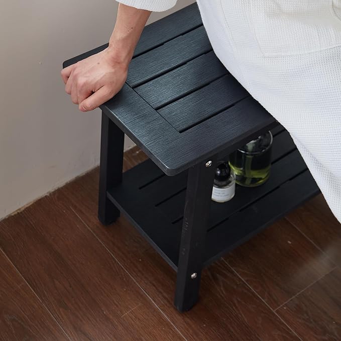 Large HDPS Shower Stool, Shower Bench for Inside to Sit On, Waterproof Bathroom Chair Seat for Shaving Legs, Foot Rest Stool with Storage Shelf, Non-Slip & No Maintenance, Black
