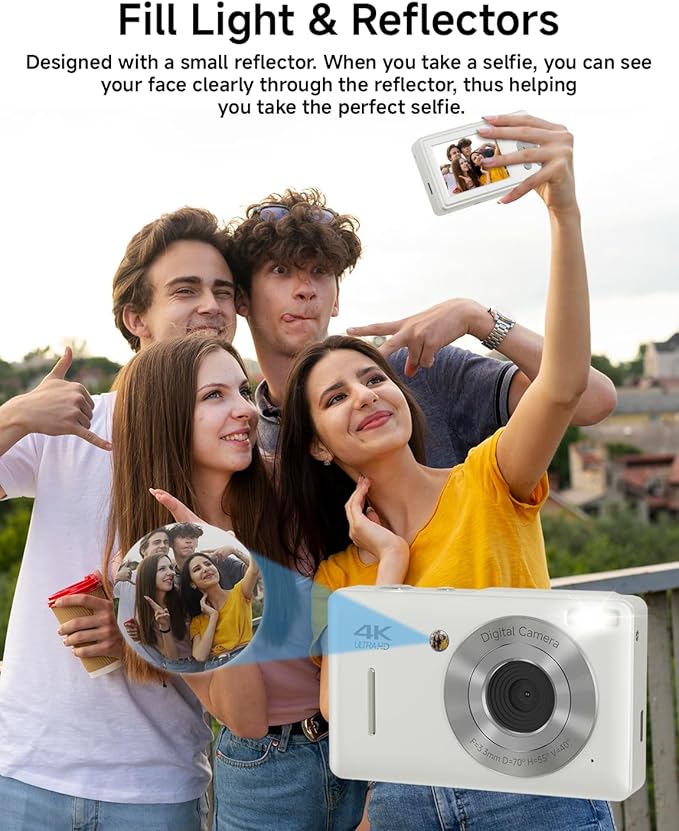 Digital Camera for Kids, FHD 1080P 44MP Point and Shoot Digital Camera with Face Detect, Smile Capture, 18X Zoom, 20 Filters, Anti Shake, 32GB SD Card White Compact Vintage Camera for Kids Boys Girls