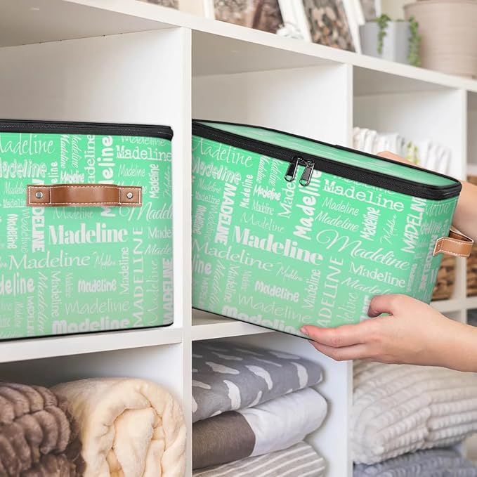 Custom Storage Basket with Name, Personalized Storage Bins with Zipper Lid, Foldable Fabric Storage Box Large capacity with Handle Green Gradient