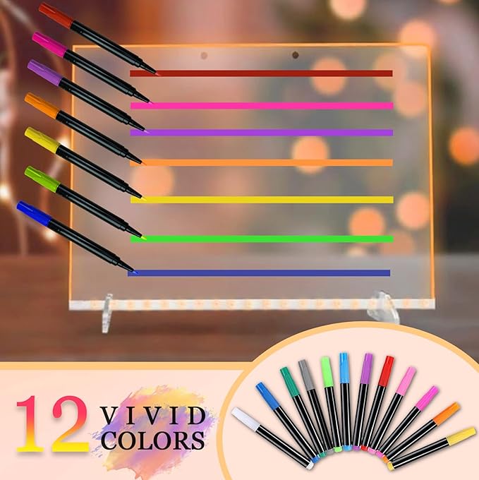 12-Color Markers for Doodle Glow，Neon Dry Erase Markers for Led Drawing Board, Non-Toxic Erasable Chalk Marker for Clear Acrylic Calendar, Mirror, Window, First Day Of School Sign