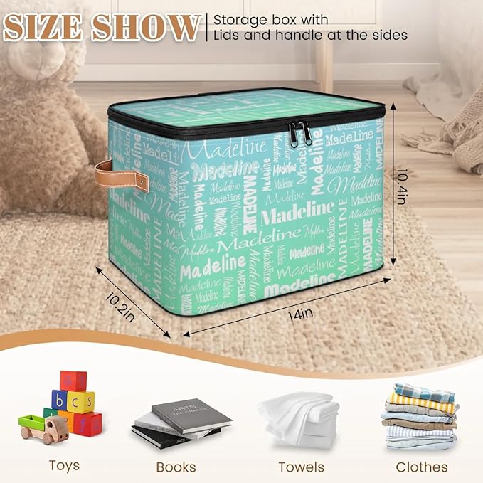 Custom Storage Basket with Name, Personalized Storage Bins with Zipper Lid, Foldable Fabric Storage Box Large capacity with Handle Bright Green Blue