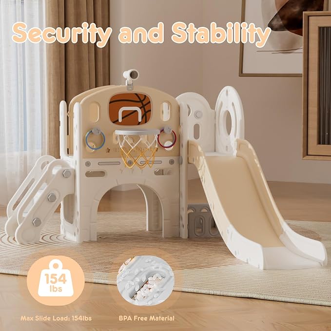 XJD 8 in 1 Toddler Slide Set, Kids Slide for Toddlers Age 1+, Toddler Climber Slide PlaySet with Basketball Hoop and Ball,Outdoor Indoor Playground for Toddlers 1-3 (Beige Coffee, 8 in 1)