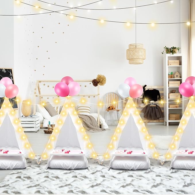 6 Pack Sleepovers Teepee Tent for Kids Bulk with Mattress Sheet Light,Natural Cotton Washable Indoor Play Tent for Birthday Slumber Party Girls Boys Pajama Movie Night Supplies(White)