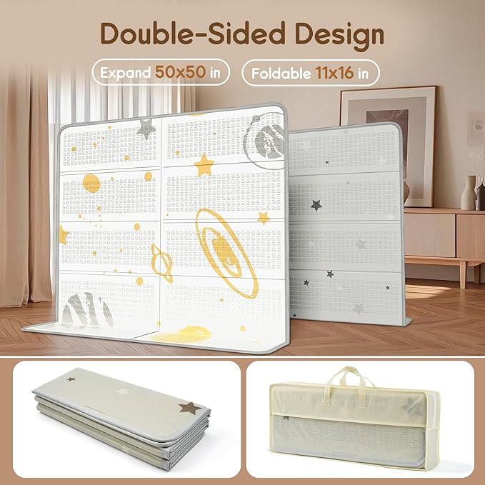 Foldable Baby Play Mat, PIGLOG Waterproof Playmats for Babies and Toddlers Kids, Safe Foam Playmat for Tummy Time, 50x50 Playpen Mat, Reversible Baby Floor Mat for Infant, Toddler, Vast Planet