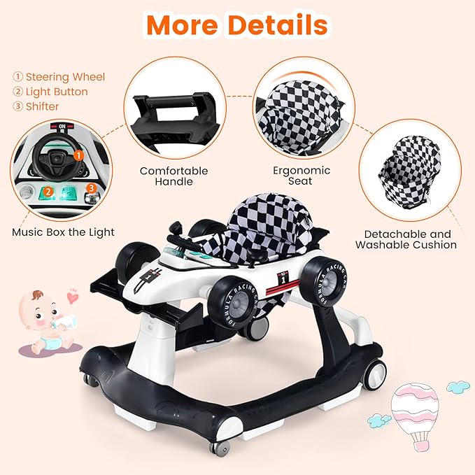 HONEY JOY 4-in-1 Baby Walker, Activity Push Walker w/3 Adjustable Heights, Smooth Wheels w/Adjustable Speed, Padded Seat, Music & Light, Foldable Car Walker for Baby Boys Girls Age 6 Months+ (White)