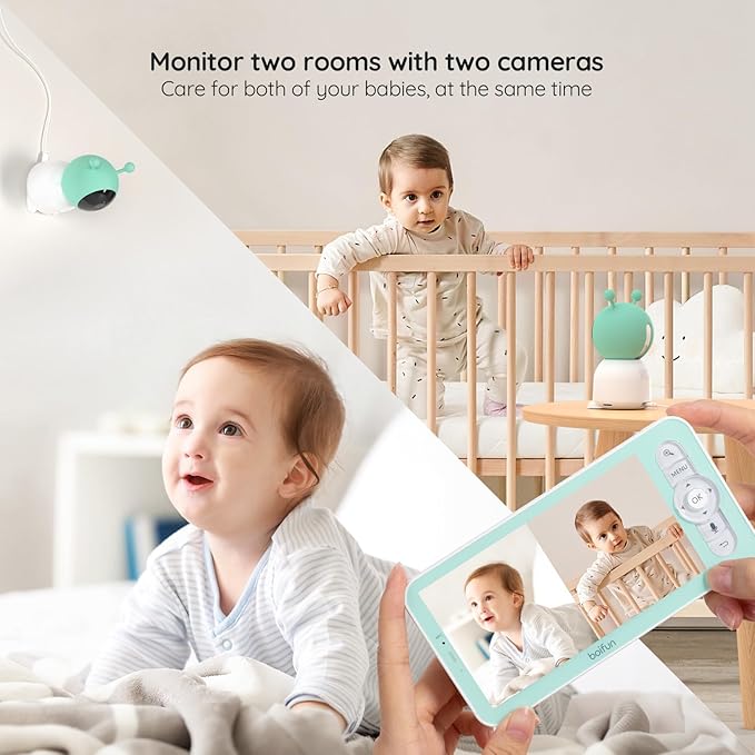 BOIFUN 2K Split-Screen 5 Inch Wi-Fi Baby Monitor With 2 Cameras, Colorful Night Light, AI Motion & Sound & Humidity & Temp Detection, Auto Tracking Via Smartphone App And Monitor Control, Night Vision