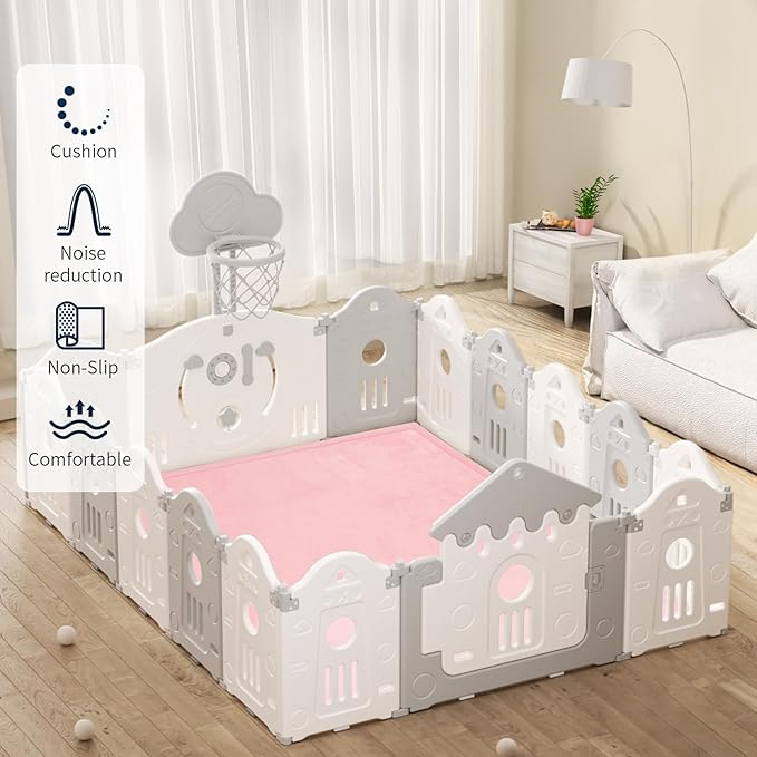 ACOMOPACK Baby Play Mat for Floor 1.3" Thick Memory Foam Play Mats 71"×79" Tummy Time Crawling with Non-Slip Bottom for Living Room,Nursery,Soft Velvet Playpen for Kids,Infants（Pink）