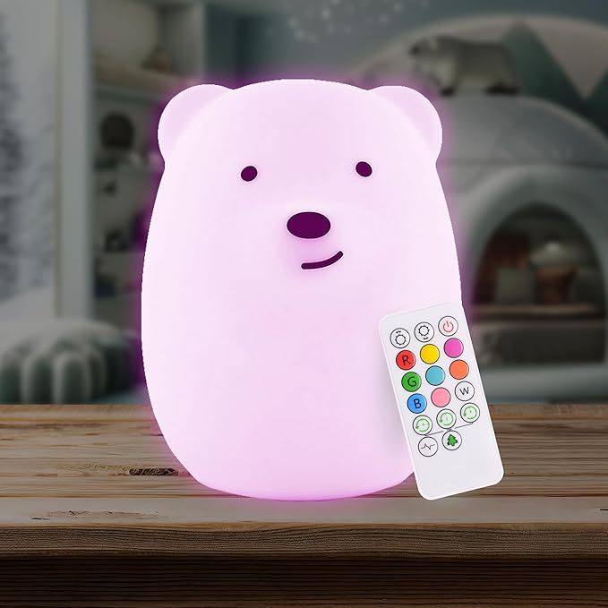 Lumipets Remote Control Silicone Night Light for Kids - Bear Design with 9 Soft Colors & Sleep Timer - Rechargeable, Battery-Operated Lamp for Bedroom | Baby Nursery, Toddler, Girls, Boys