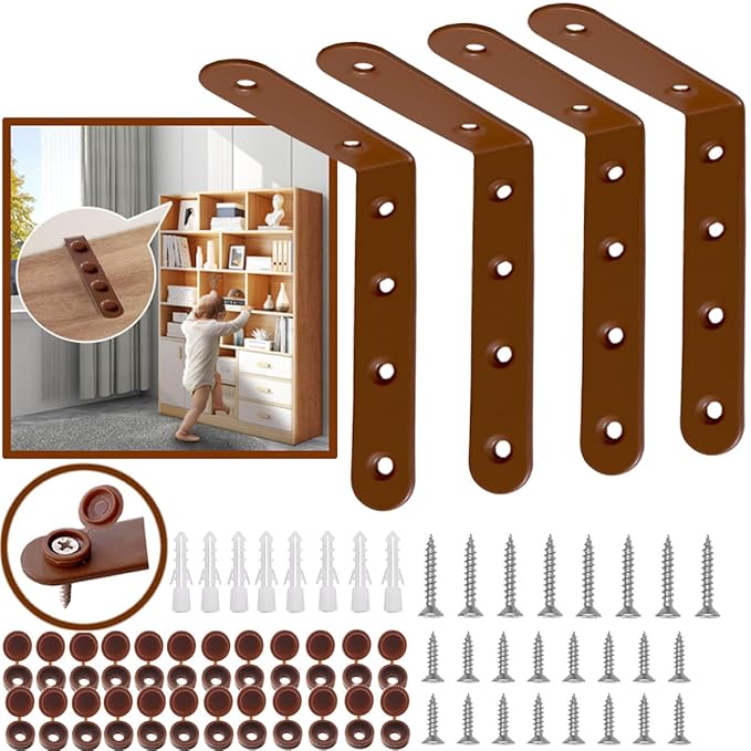 Anti Tip Furniture Anchors for Baby Pet Proofing,Furniture Wall Anchor Furniture Dresser Bookshelf Falling Prevention Device for Children (Brown)