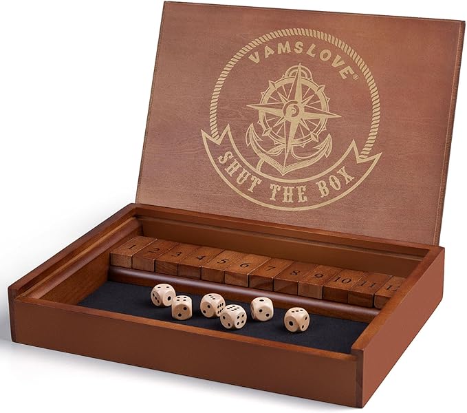 VAMSLOVE Shut The Box Dice Game Wooden Board Table Math Game for 2 Players and Up, 12 Numbers Close The Box with 6 Dice for Kids Adults Family (Instructions Included)