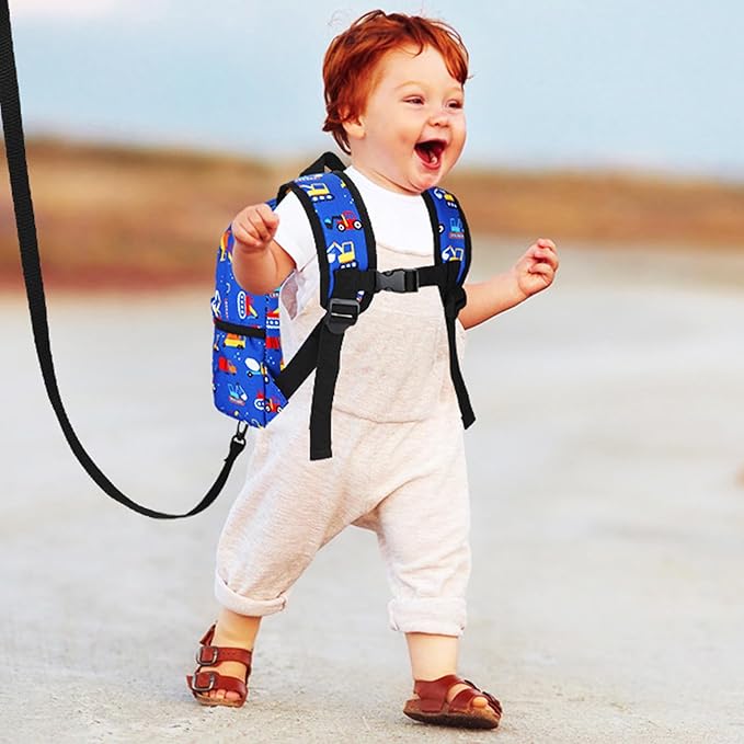 Accmor Toddler Backpack Leash with Anti Lost Wrist Link, Cute Mini Child Walking Harnesses Keep Kids Close Back Pack Rope Tether Rein for Baby Boys (Blue/Excavator)