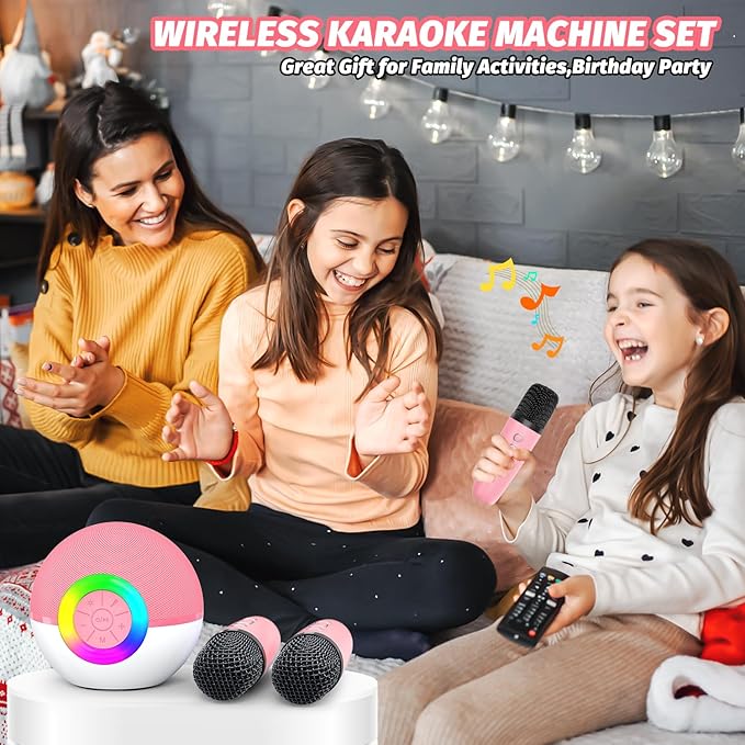 Mgaolo Mini Karaoke Machine for Kids Adults,Portable Bluetooth Speaker with 2 Wireless Microphones,Gift Toys with MP3 Player for Boys Girls 3-12 Year Old Birthday Family Home Party Present (Pink)
