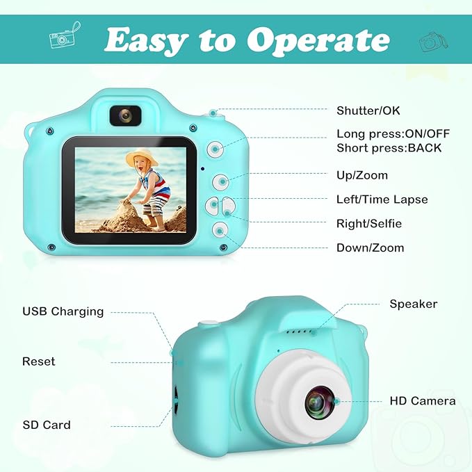 Kids Camera, HD Digital Video Camera, Childrens Toys for 3 4 5 6 7 8 9 Year Old Boys/Girls, Selfie Camera for Kids, Christmas Birthday Gifts with 32GB SD Card (Green)